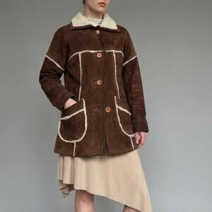 Vintage Shearling Coat Brown Suede Fur Collar Boho Rock Indie Sleaze Penny Lane